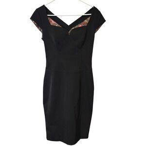 Ted Baker London Black Cap Sleeve V Neck Sheath‎ Dress Floral Lines Size 1